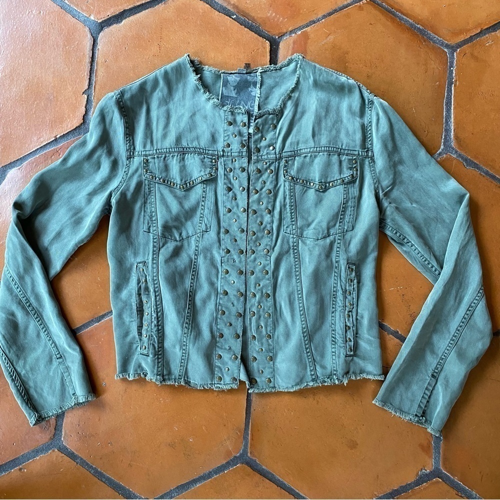 Young Fabulous & Broke Womens Fringe Studded Tencel Jacket Green Size Small S